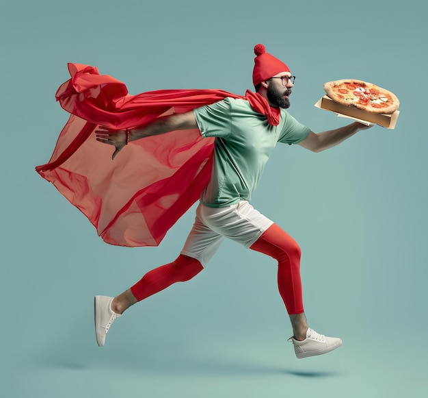 a man in a red cape running with a pizza on his shoulder