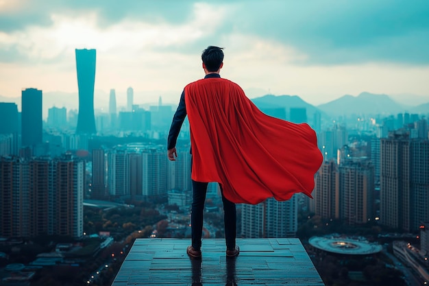 Photo man in red cape standing on rooftop overlooking cityscape at dawn