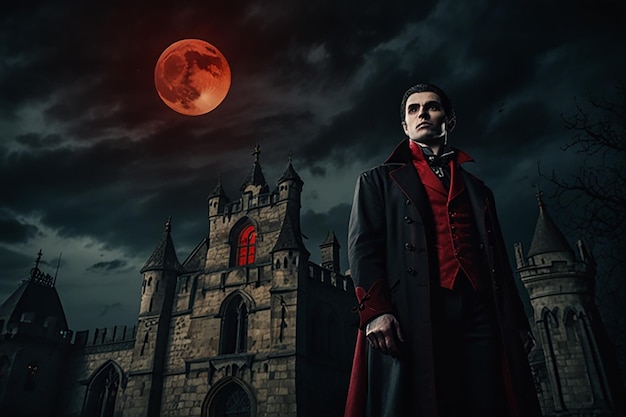 Photo a man in a red cloak stands in front of a castle with a full moon behind him