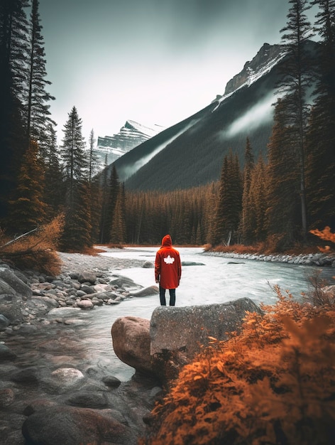 A man in a red coat stands on a river in front of a mountain.