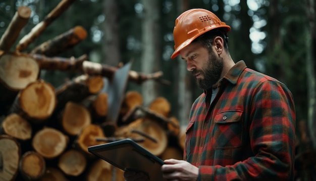 Photo a man in a red hard hat is looking at a tablet