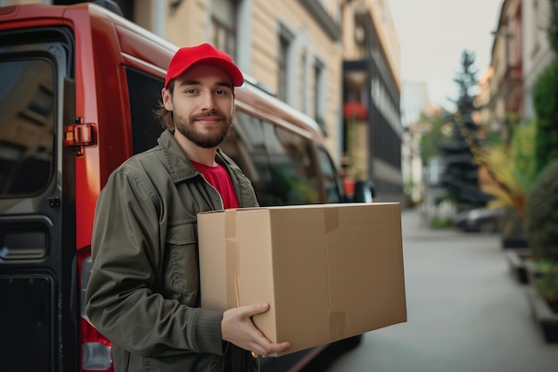 Man in Red Hat Holding Box