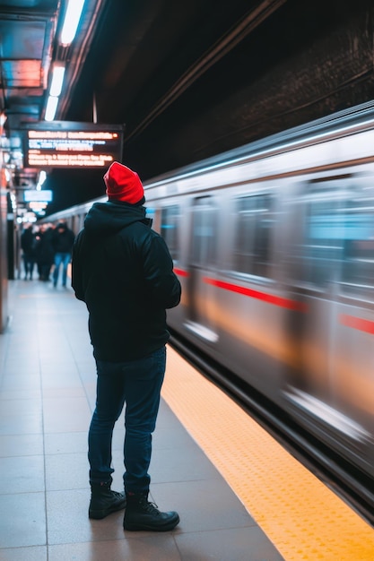 a man in a red hat stands in a subway station with a train passing by