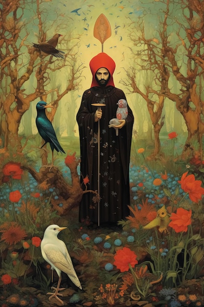 Man in red headdress and black cloak stands in the middle of colorful magic forest with flowers