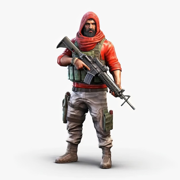 A man in a red hoodie holding a rifle