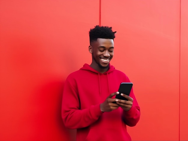 A man in a red hoodie is using his phone and smiling.