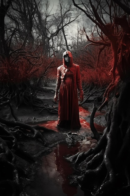 A man in a red hoodie stands in a forest with trees and the words " the devil " on the bottom.