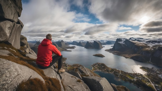 Man in Red Jacket Gazing at Majestic Fjord Landscape