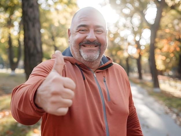 a man in a red jacket giving a thumbs up sign