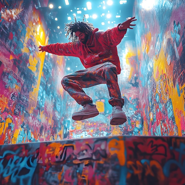 Photo a man in a red jacket is jumping in a graffiti covered wall