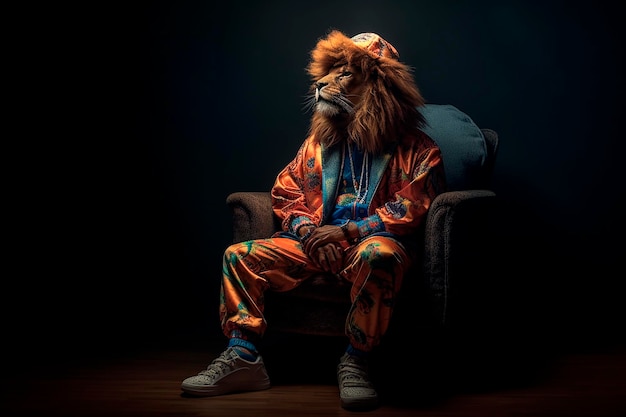 A man in a red jacket and a lion head sits in a chair in a dark room.