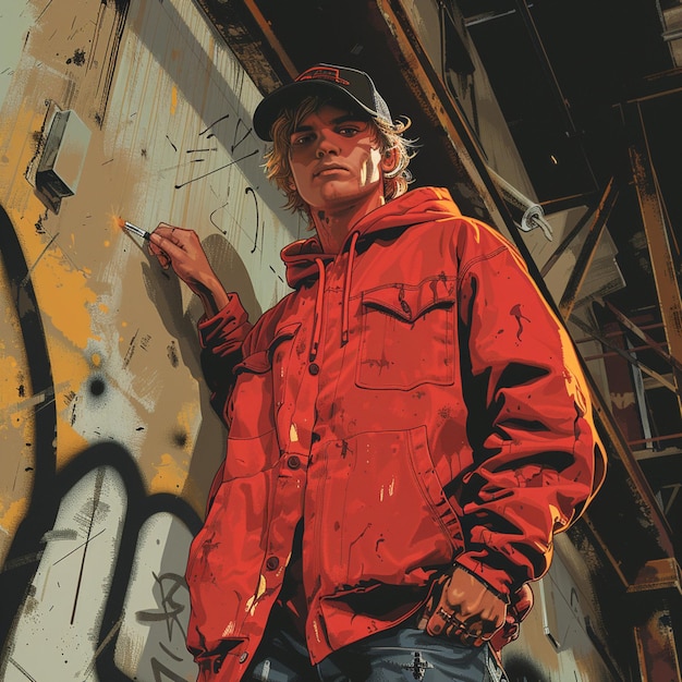 Photo a man in a red jacket stands in front of a graffiti wall