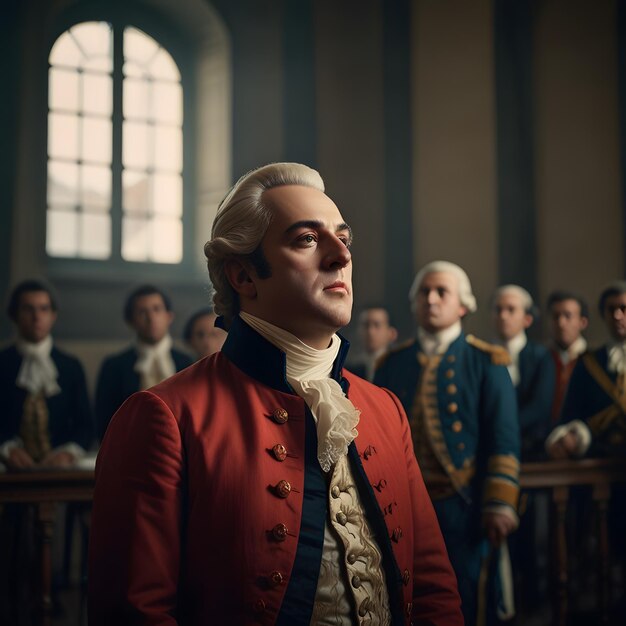 Photo a man in a red jacket stands in front of a row of men in uniforms