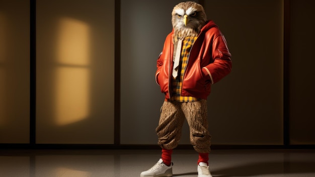 Man In Red Jacket With Owl Pattern Socks Vray Tracing And Softbox Lighting