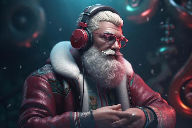 A man in a red jacket with a red glasses and a red earphones