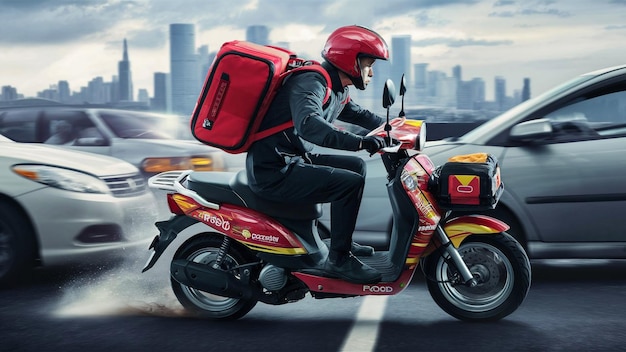 a man on a red motorcycle with a red backpack on the back