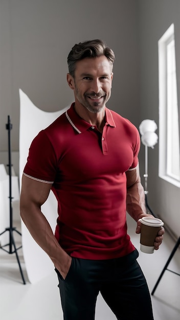 Man in red polo shirt apparel studio shoot