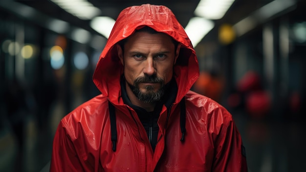 A man in a red rain coat