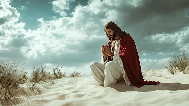 Photo a man in a red robe sits in the sand with his hands clasped in prayer as he looks down