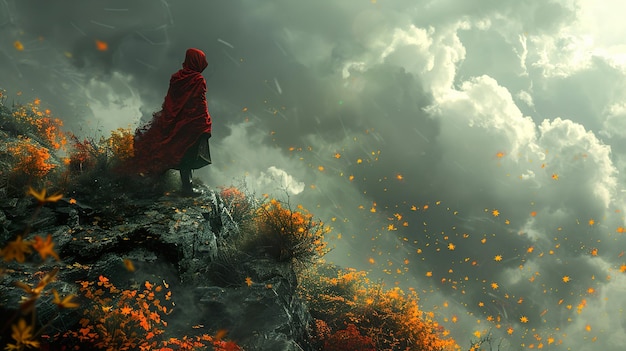 Photo a man in a red robe stands on a cliff with a sword in his hand