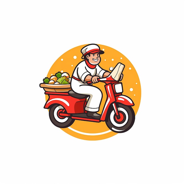 a man on a red scooter with a basket of fruit on the front