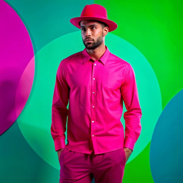 Photo a man in a red shirt and hat stands in front of a green background with circles in the background