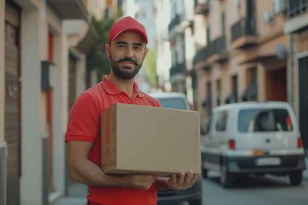 Man in Red Shirt Holding a Box