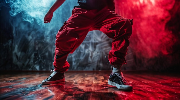 a man in a red shirt is dancing on a stage