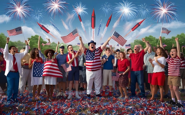 a man in a red shirt is holding an american flag and a group of people in front of fireworks