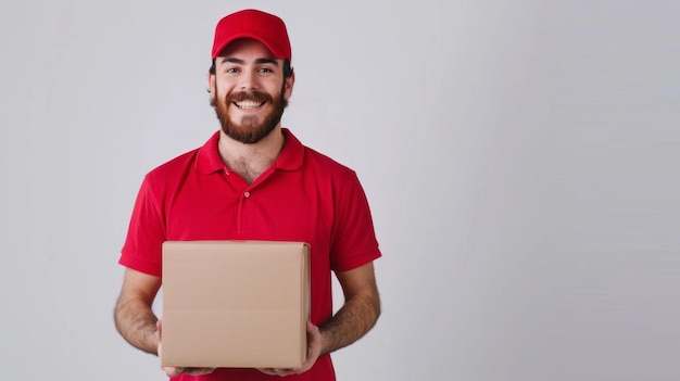 A man in a red shirt is holding a cardboard box