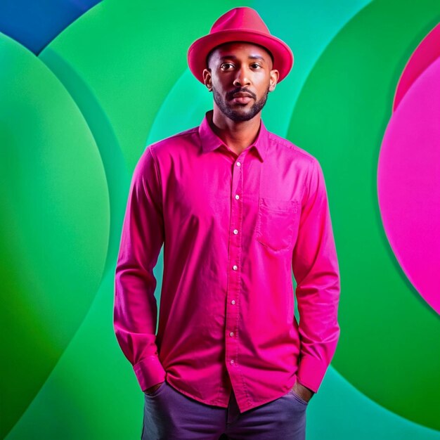 a man in a red shirt and a pink shirt with a pink shirt on