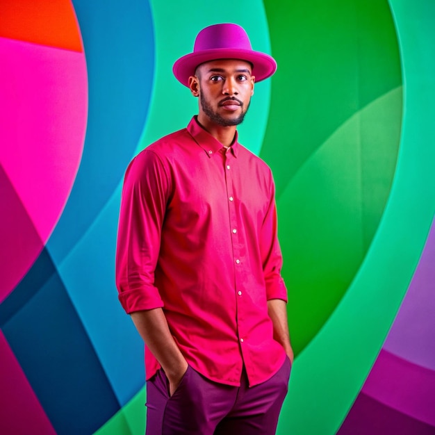 Photo a man in a red shirt and a purple hat stands in front of a colorful background