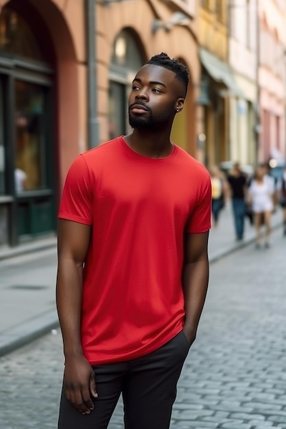 A man in a red shirt stands on a street in the city.