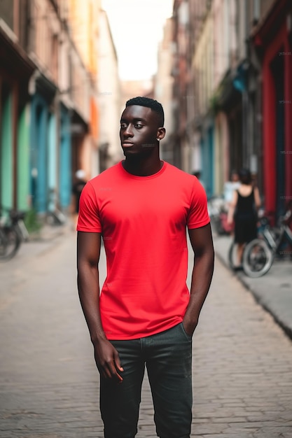 A man in a red shirt stands in a street.