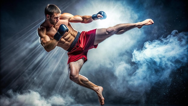 Photo a man in red shorts is performing a stunt with the words martial arts on the bottom