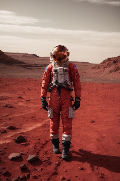 A man in a red spacesuit stands on a red planet