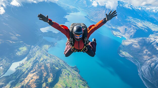 a man in a red suit is floating above a mountain