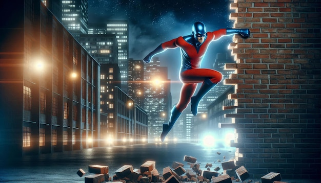 Photo a man in a red suit is flying over a brick wall