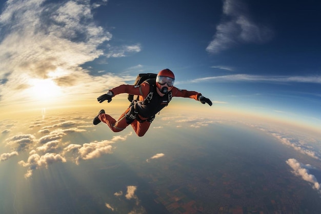 A man in a red suit is flying in the sky above the ocean.