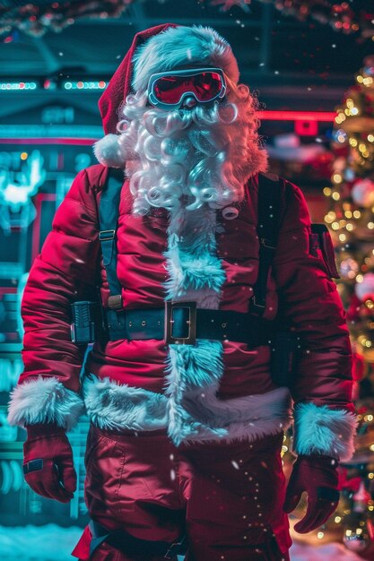 a man in a red suit is wearing a santa suit and has a santa hat on