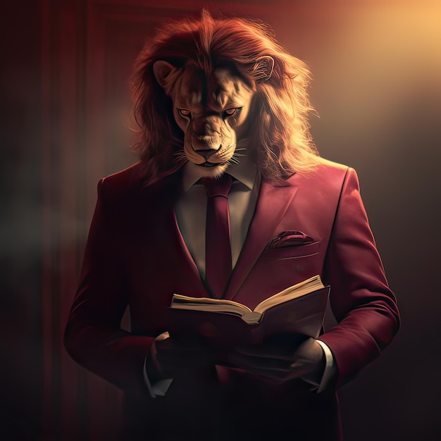 A man in a red suit and a lion in a red suit reading a book.