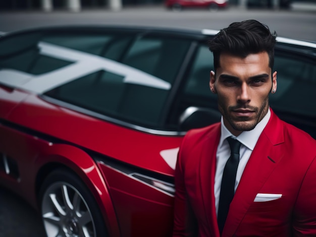 A man in a red suit stands in front of a red car.