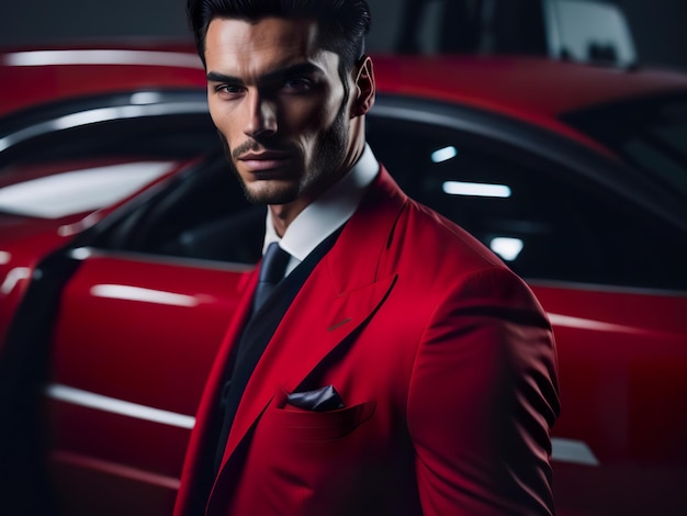 A man in a red suit stands in front of a red car.