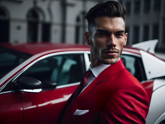 A man in a red suit stands in front of a red car.