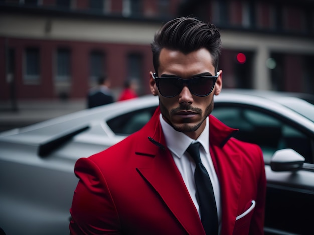 A man in a red suit stands in front of a white car.