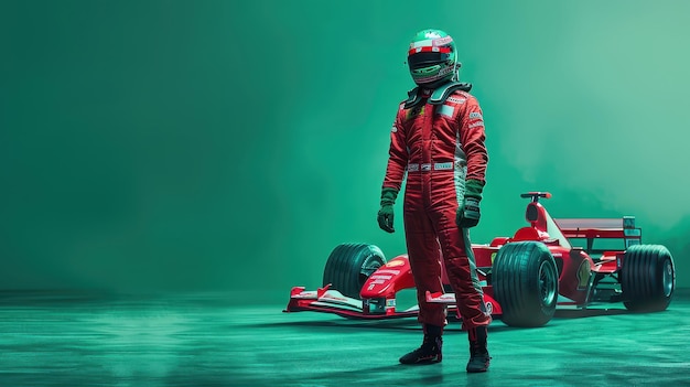 Photo a man in a red suit stands next to a race car