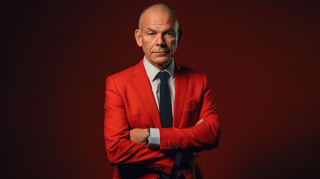 A man in a red suit stands with his arms crossed in front of a red background.