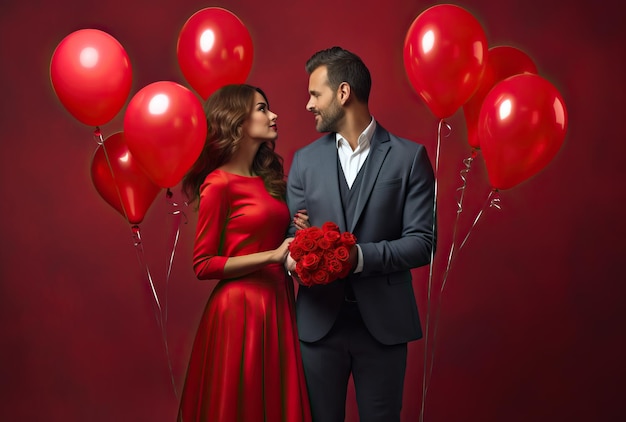 a man in a red suit and woman in a red dress holding flowers and balloons in the style of romantic