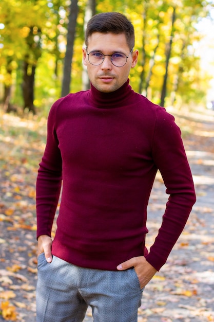 Man in red turtleneck in the forest, Man in red turtleneck