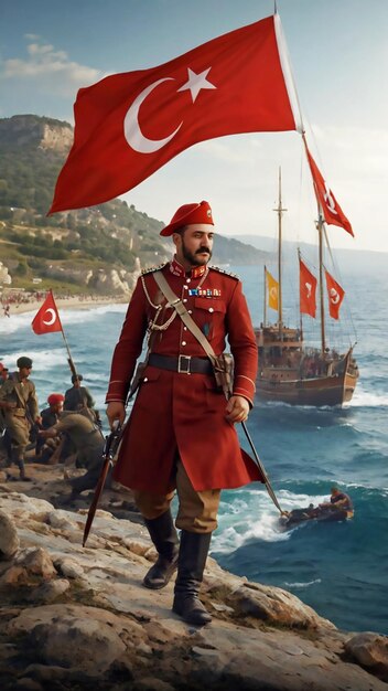 a man in a red uniform stands on a rocky shore with several flags and a boat in the background